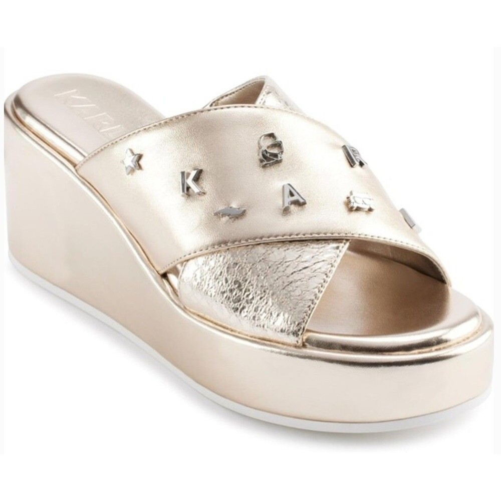 Karl Lagerfeld Caleigh Platform Slide Sandal Gold Leather Studded EU 37.5 US 7